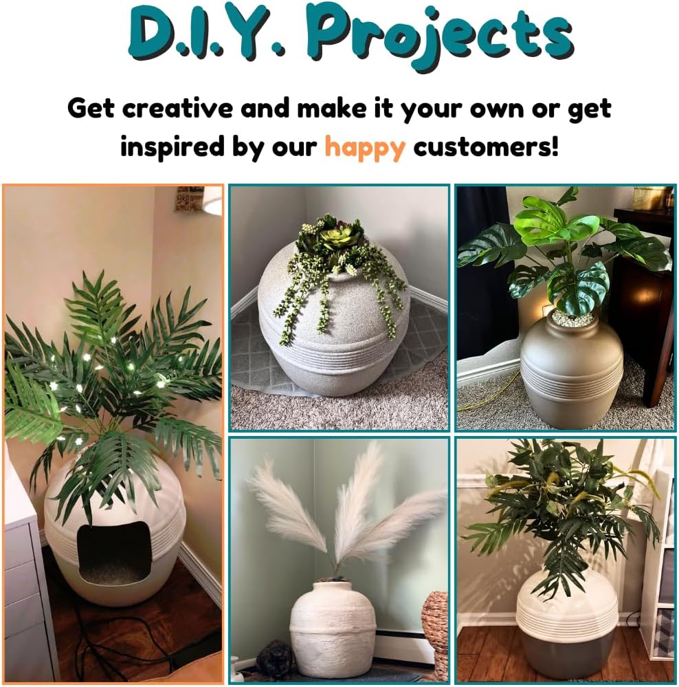 Good Pet Stuff Original Hidden Litter Box Planter, Decorative Cat Litter Enclosure, Carbon Filter, Faux Plant, Round Design, Easy to Clean, Base Kit, Broad Leaf Philodendron, Mint Green