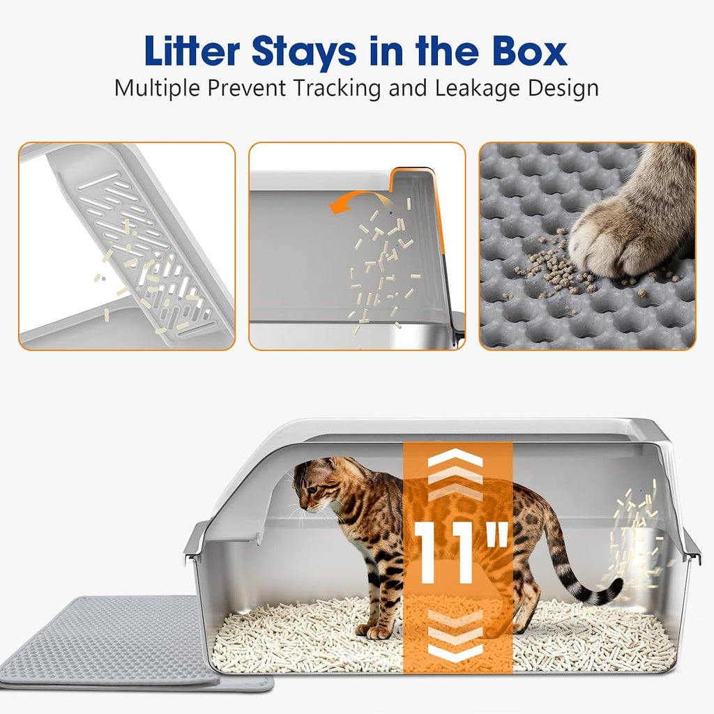Stainless Steel Litter Box with Lid Enclosed XL High Sided Metal Litter Boxes for Big Cat and Multiple Cats, Anti-Urine Leakage | Non-Stick & Includes Cat Mat and Scoop