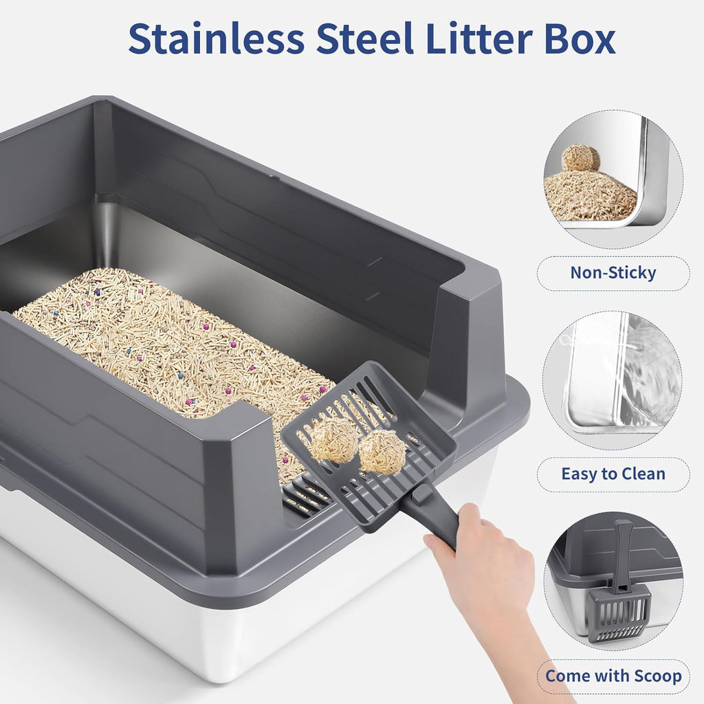XXXL Stainless Steel Litter Box with Lid 28"x20"x17" Cat Box, Dark Grey | Extra Large Enclosed Litter Box for Big Cats, High Sided Metal Cat Litter Box with Litter Scoop, Cat Step, Odor Control
