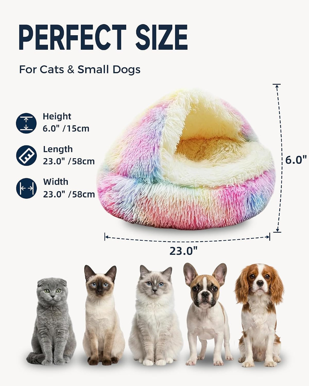 ShinHye Cat Bed Round Plush Fluffy Hooded Cave, 23×23inch, Multicolor