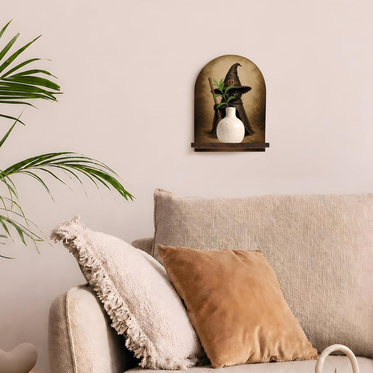 Halloween Witchy Cat Arched Wooden Wall Shelf Decor, 9.45x7.09In