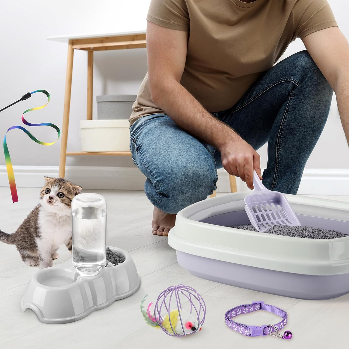Tioncy 7 Pcs Kitten Litter Box Starter Kit with Mat, Stylish, Purple