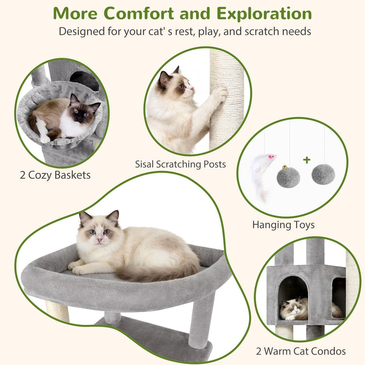 Globlazer C64 Heavy Duty Corner Cat Tree, 64in Large Cat Tower, Light Grey