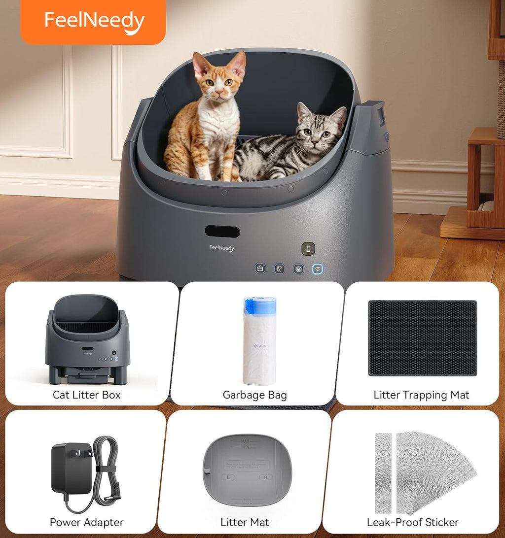 Automatic Litter Box Self Cleaning, FeelNeedy Open-Top Smart Cat Litter Box with App Control, Odor-Control Safety Sensor Design for Multiple Cats, with Waste Bags