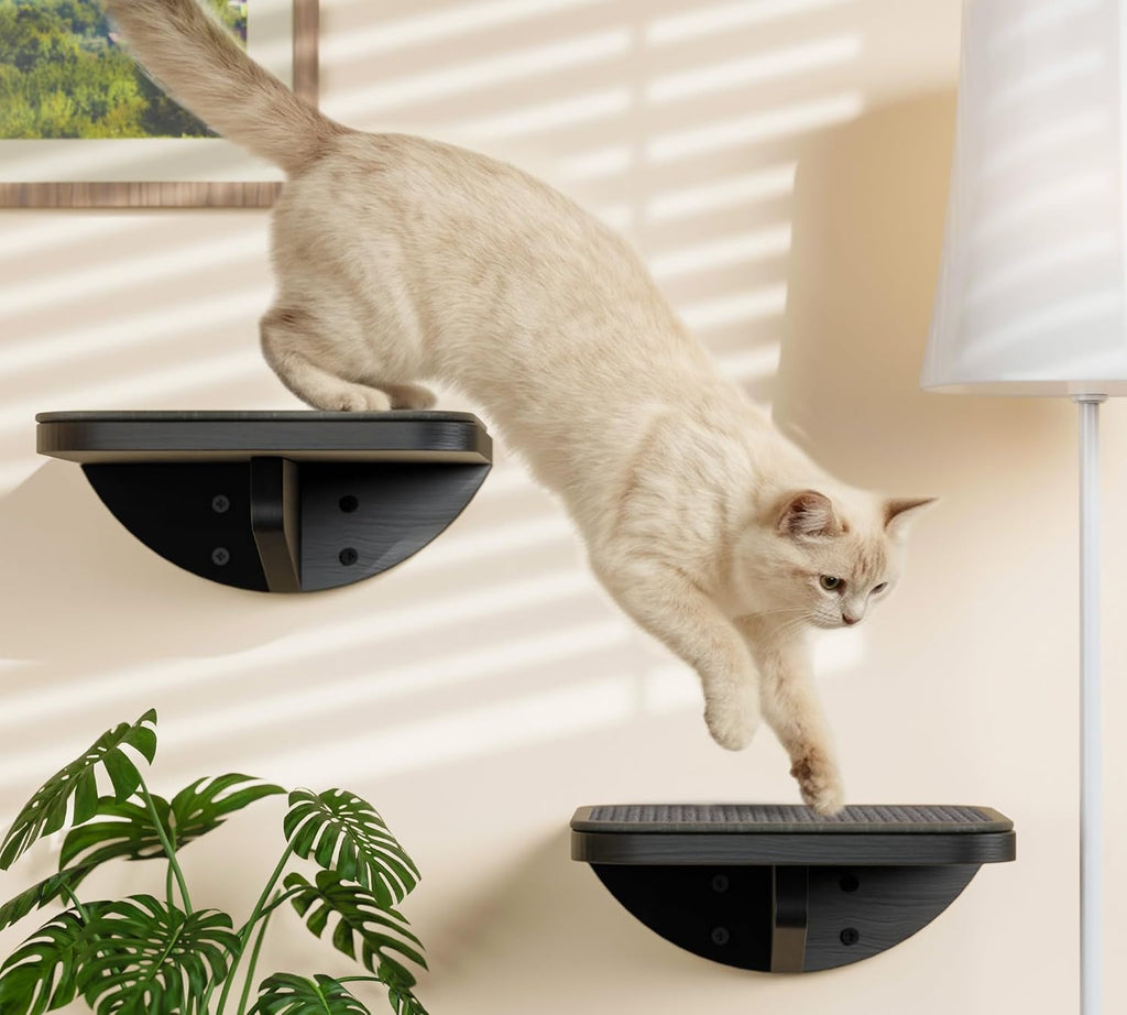 Grey Sisal-Padded Cat Wall Steps (2-Pack), Floating Wooden Cat Perch and Climbing Step Set, Wall Mounted Furniture for Jumping & Play