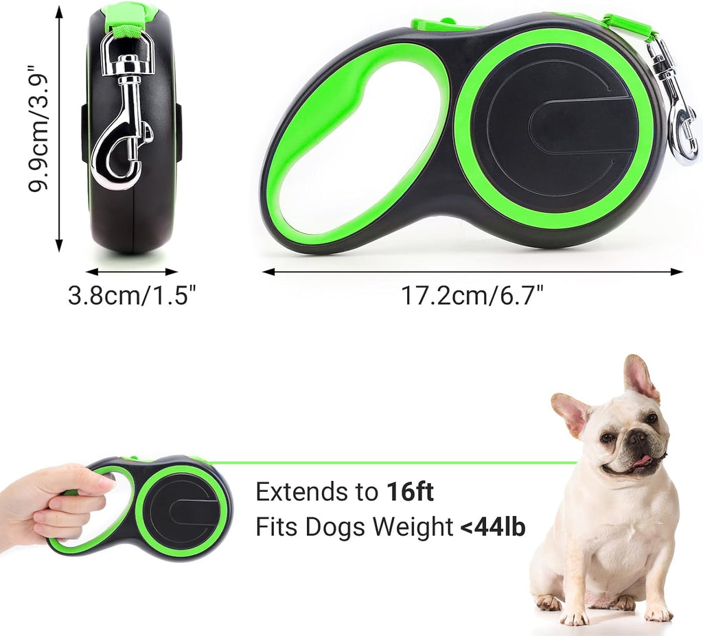 Segarty 16 Ft Extendable Dog Leash, 5m Heavy Duty Walking Dog Leash for Medium Small Dogs up to 44lb, Anti-Slip Handle 360°Tangle-Free Nylon Tape, One-Handed Button Lock & Release (Green)