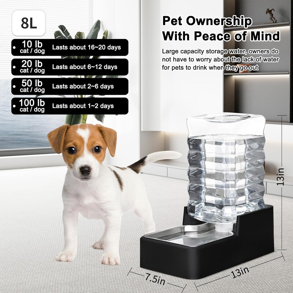 RIZZARI 8L Dog Water Dispenser: Leak-Proof Gravity Refill Waterer