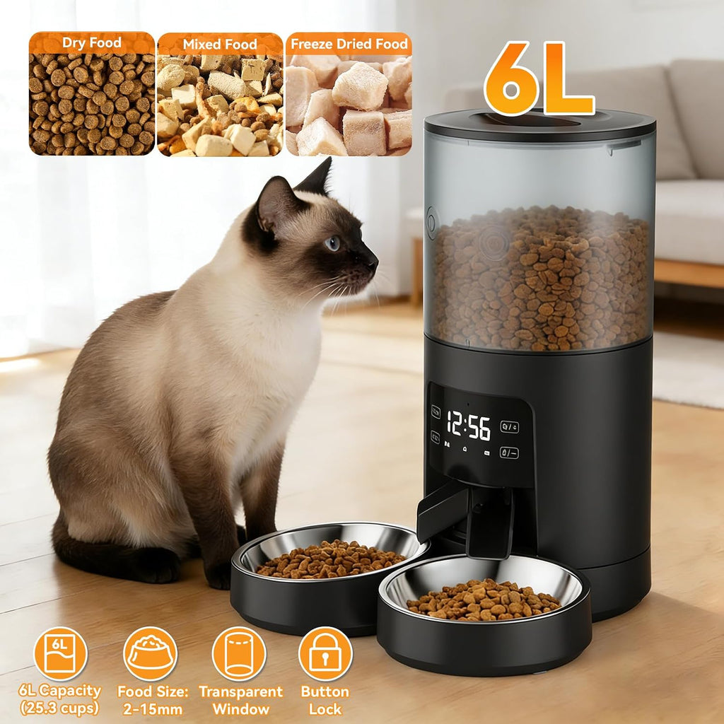 NEWBULIG Automatic Cat Feeder for 2 Pets 6L Dog Food Dispenser, Black