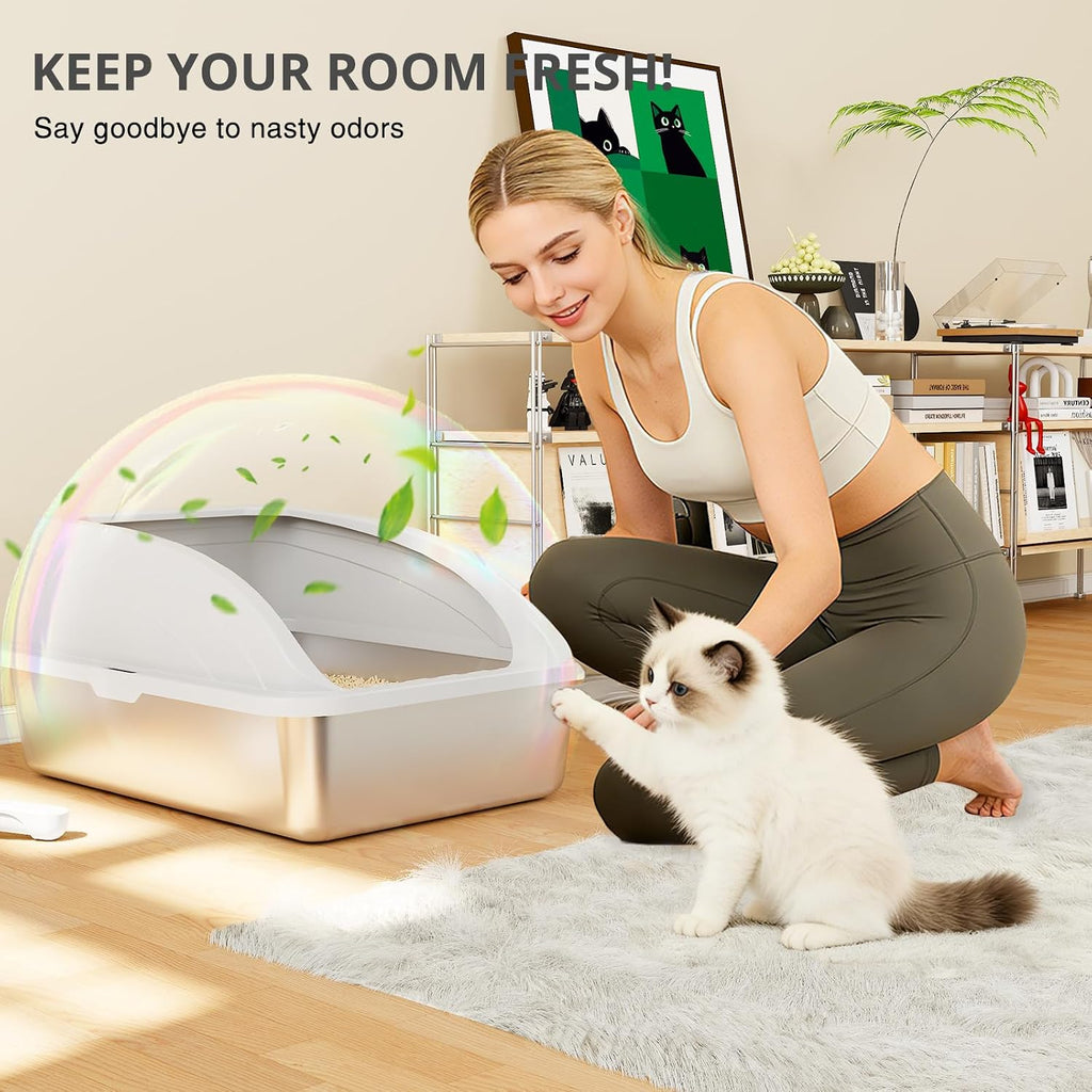 Stainless Steel Cat Litter Box with Lid, Metal Kitty Litter Box with Scoop, Non-Stick Base, Easy to Clean for Cat, Rabbit, Guinea Pigs and Hamsters - Gray