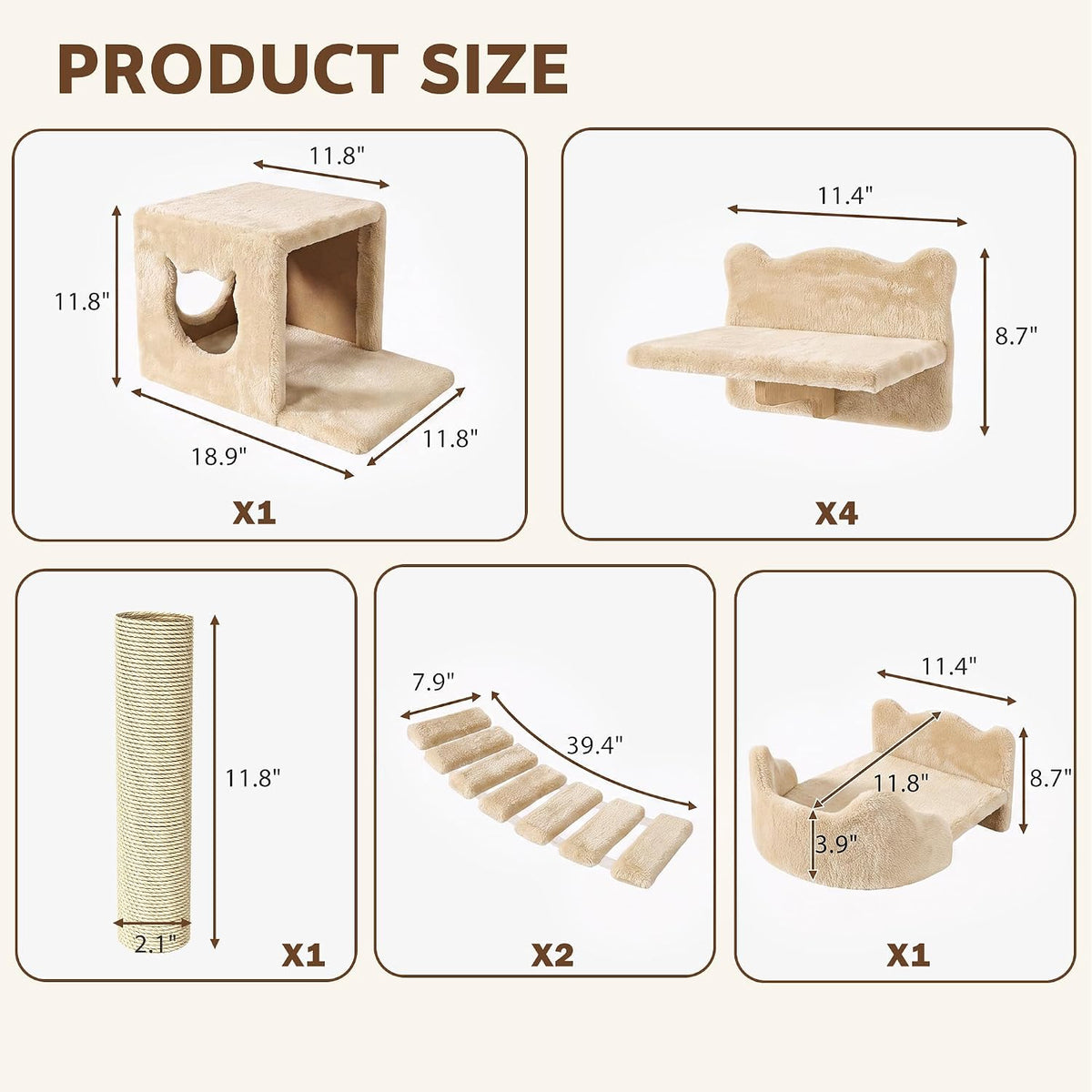 Cat Wall Furniture, 9 in 1 Cat Wall Shelves Set with Bridge, Beige