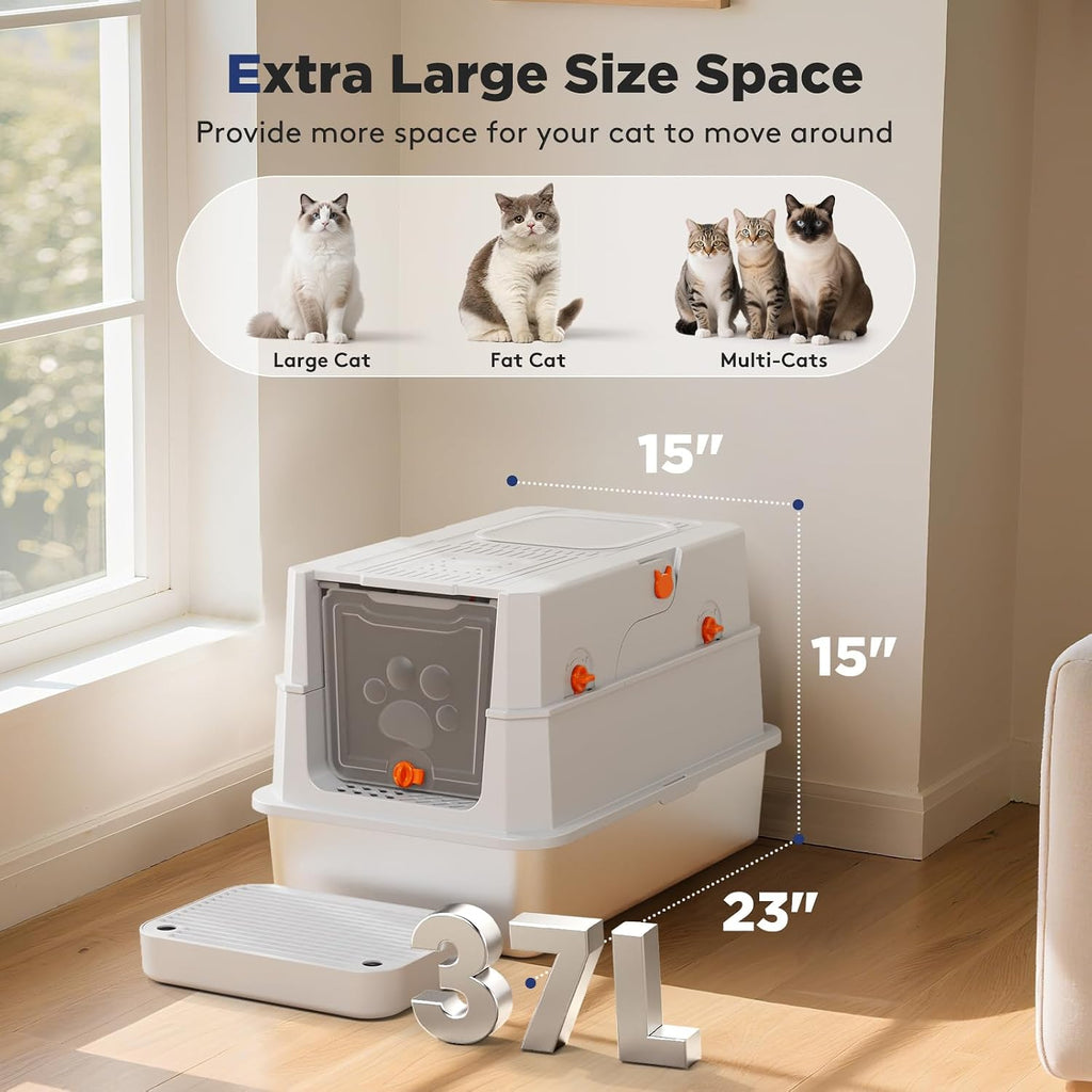 FURTIME Stainless Steel Litter Box with Lid, Enclosed Metal Cat Litter Box | XL Extra Large, Cat Box with High Sided Enclosure & Scoop, Big Cats, Front & Top Entry, Odor Free, Anti-Leakage, Silver