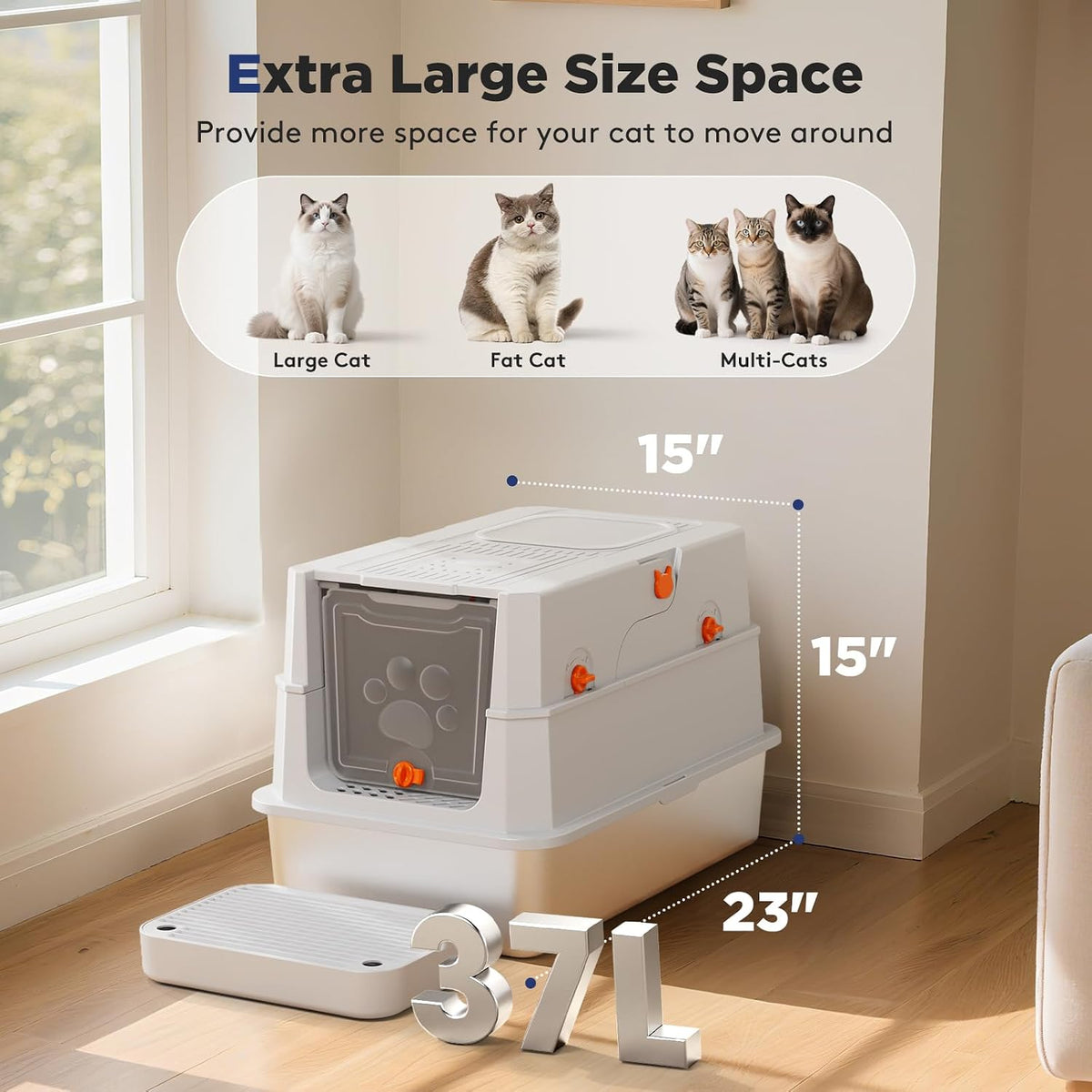 FURTIME Stainless Steel Litter Box with Lid, Enclosed Metal Cat Litter Box | XL Extra Large, Cat Box with High Sided Enclosure & Scoop, Big Cats, Front & Top Entry, Odor Free, Anti-Leakage, Silver
