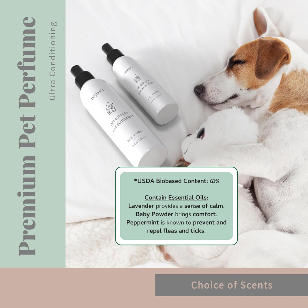 Begley's Pet Cologne and Deodorizer - Premium Essential Oil Dog Perfume Spray Long Lasting and Pet Odor Eliminator - Cat Perfume and Dog Cologne Spray - Baby Powder - 4 oz