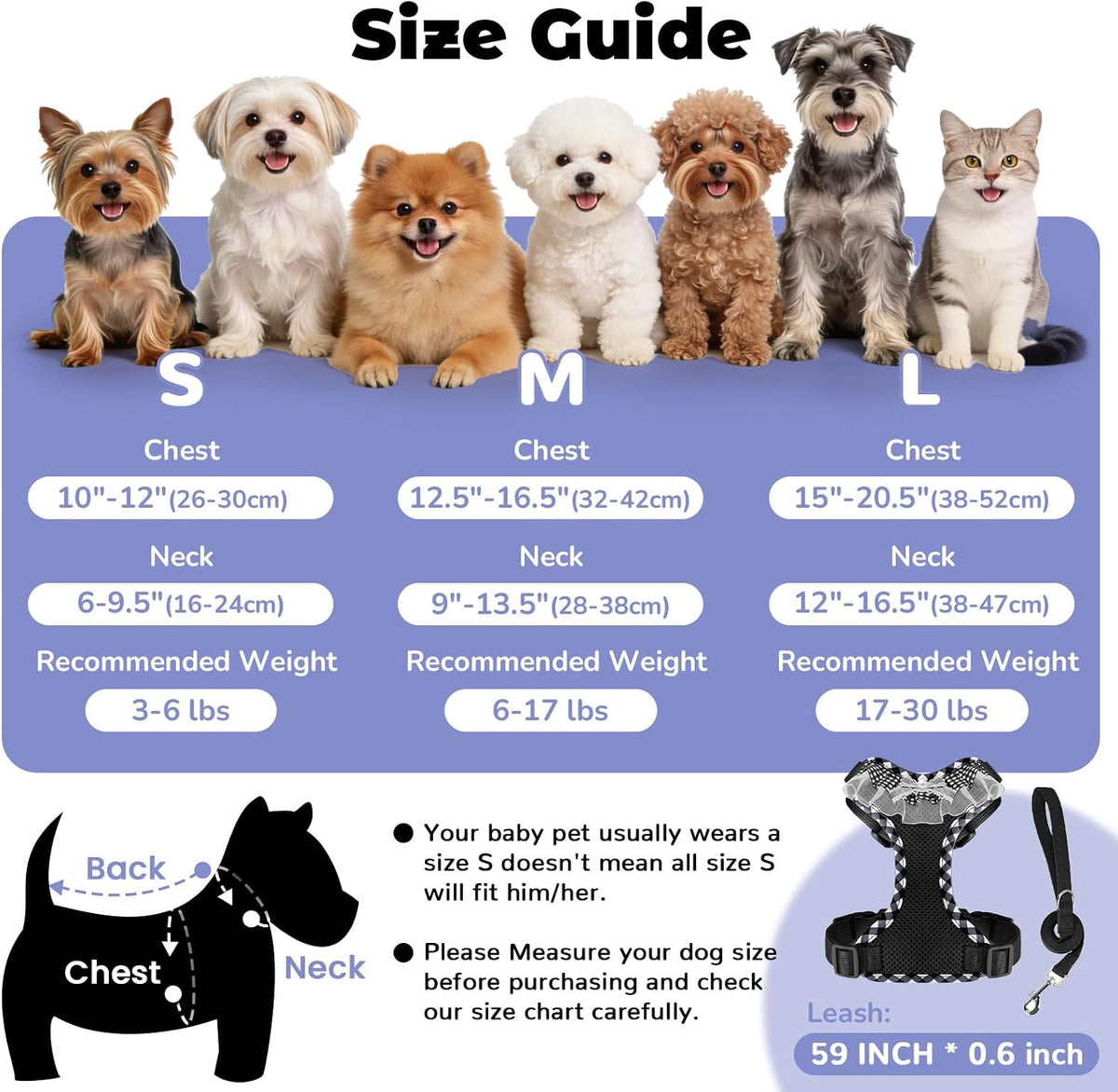 ABRRLO Cute Puppy Harness and Leash Set for Small Dogs Cats Boys,Black M