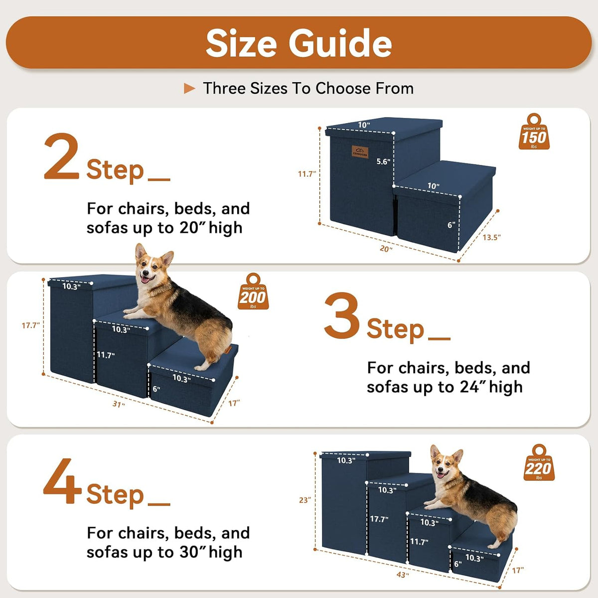 Zerbuger Dog Stairs with Storage, Navy Blue 4 Steps Dog Ramp no Condo