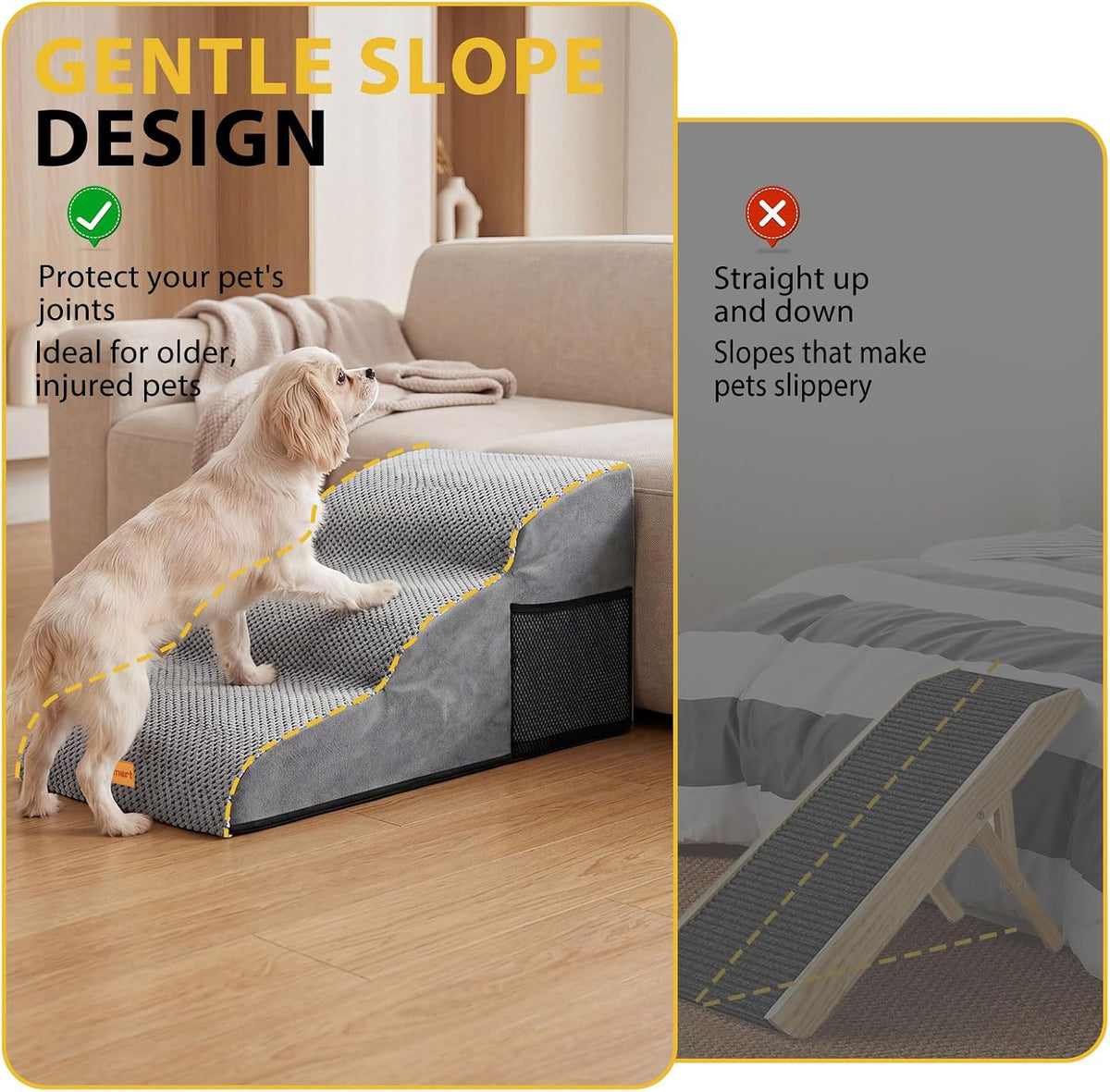 Dog Stairs for Small Dogs, Extended 3-Step Foam Pet Ramp for Bed Couch