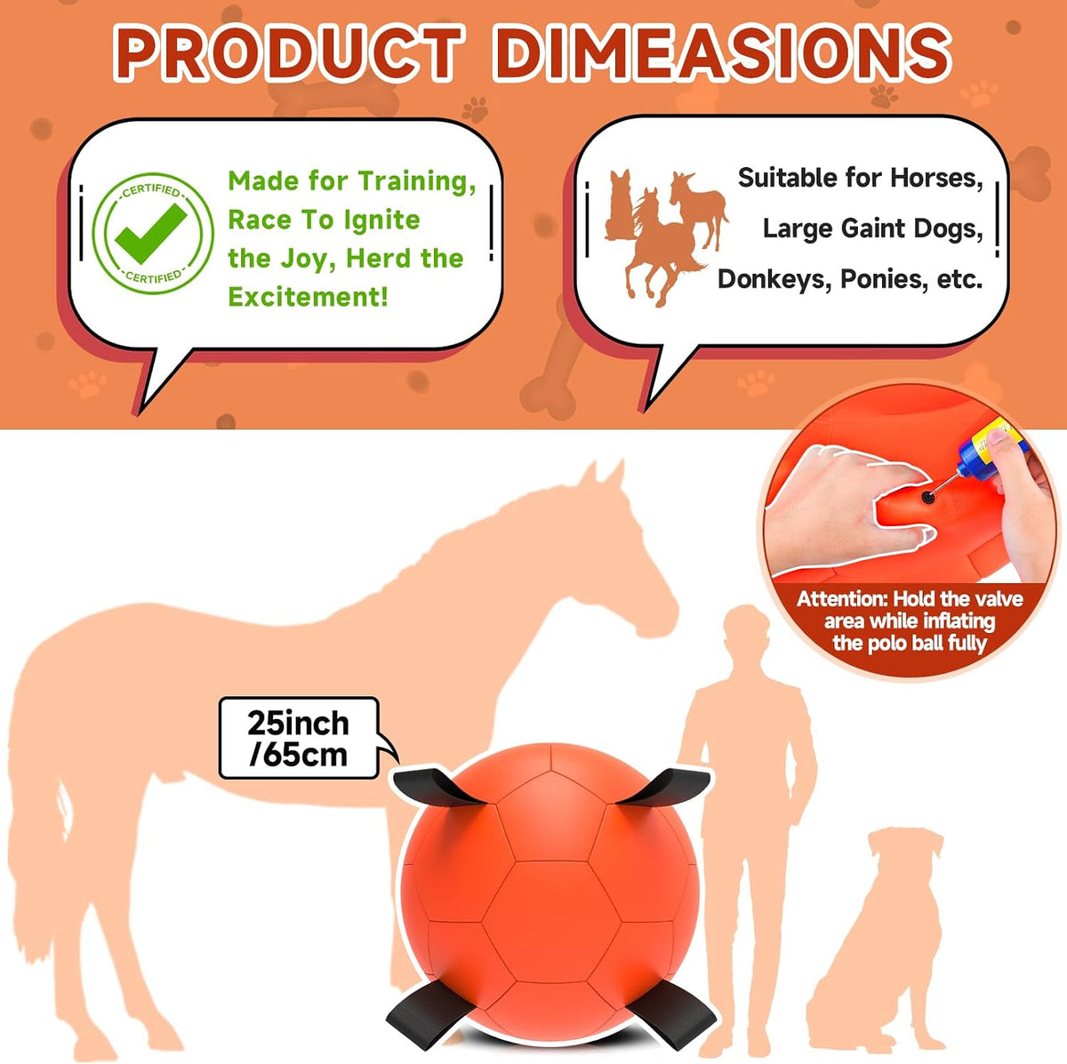 QDAN Herding Ball for Dogs, 25 inch Dog Balls with Straps, Giant Dog Toys Horse Toy, Dog Herding Ball for Australian Shepherd, Orange