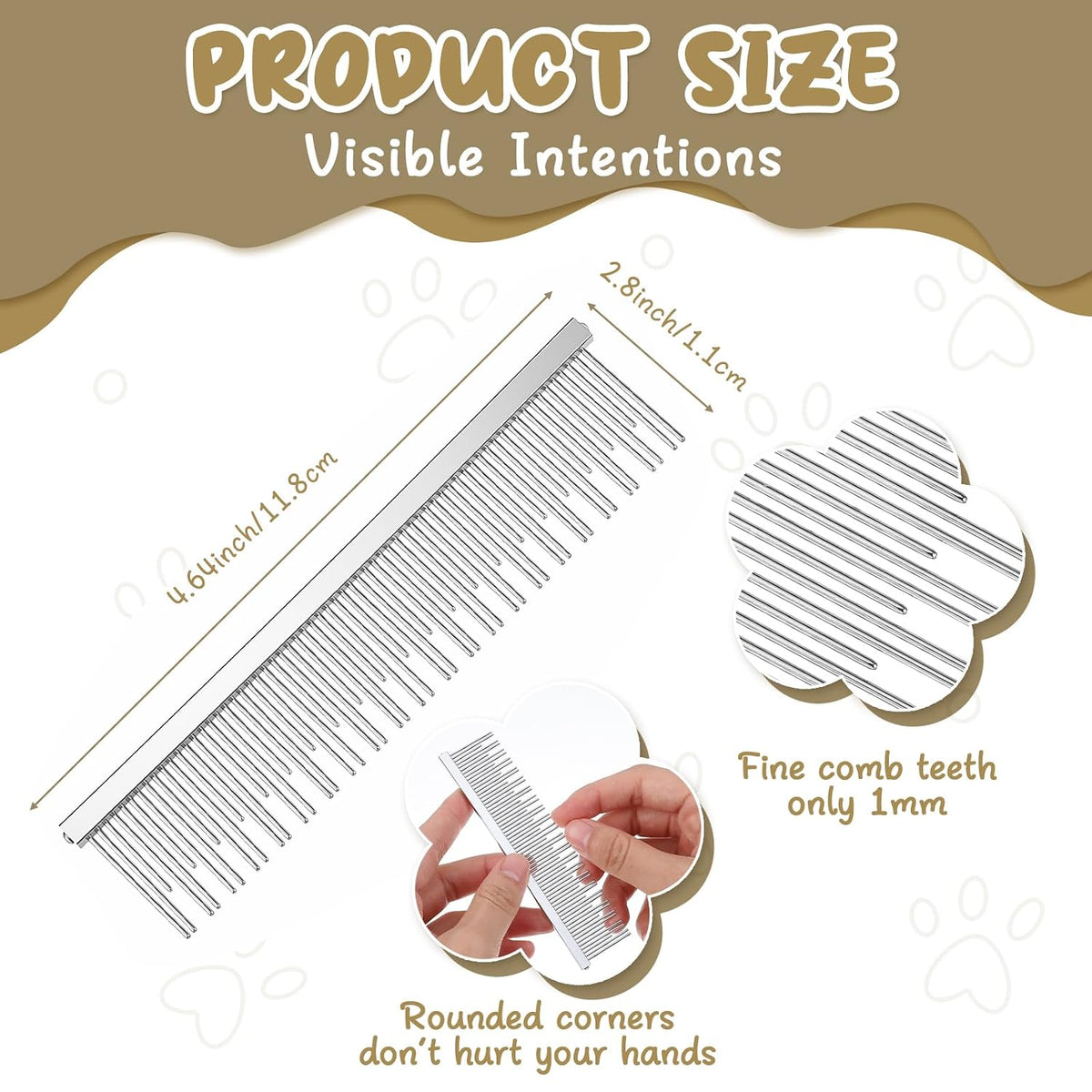4.6 Inches Stainless Steel Dual Tooth Cat Comb, Pet Hair Removal Brush