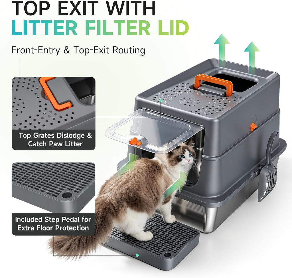 High-Sided Stainless Steel XL Cat Litter Box for Cats