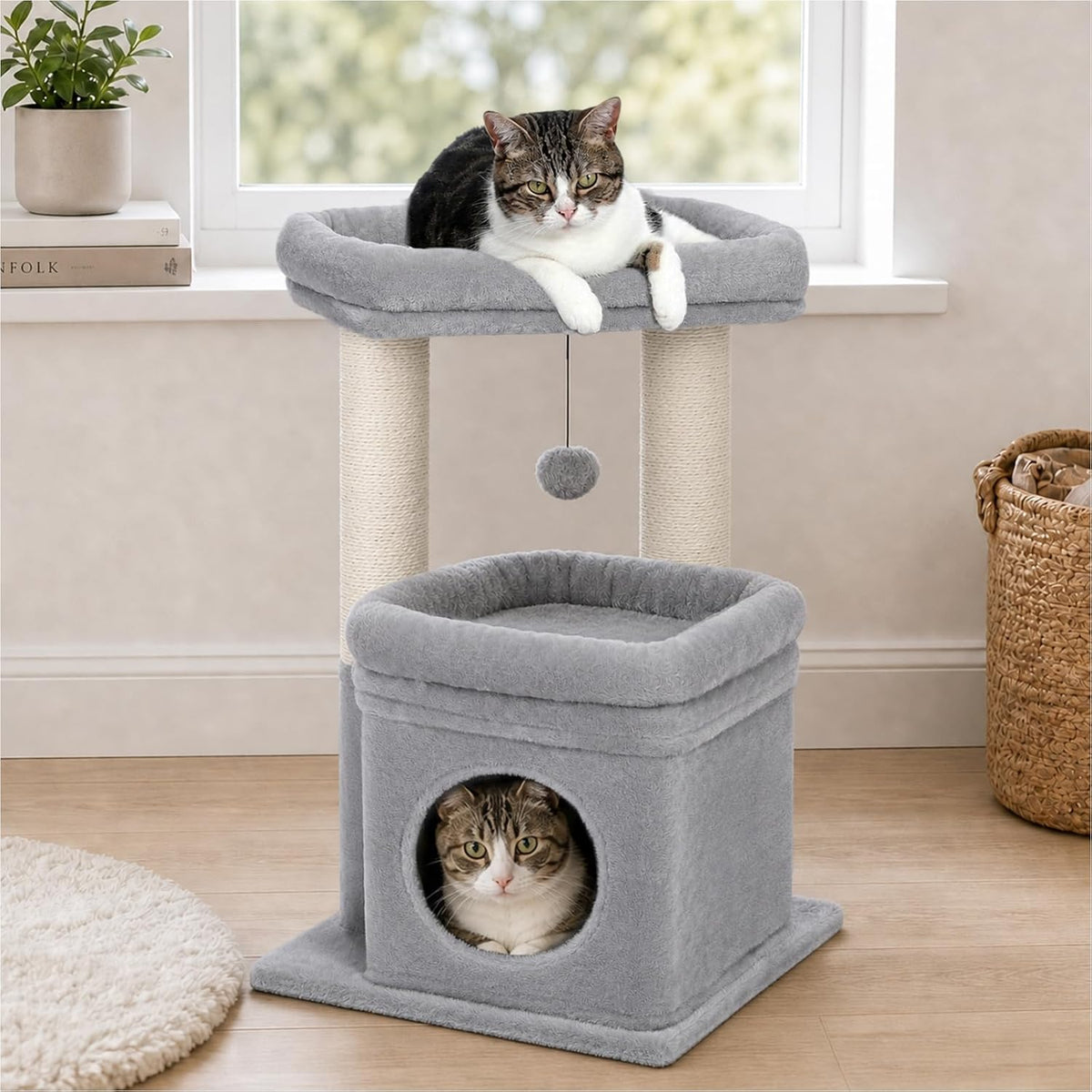 PEQULTI Small Cat Tree Tower for Indoor Cats, Sisal Post & Cozy Condo, Grey