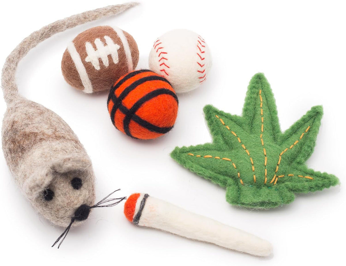 Glaciart One Felt Cat Toys Set (6pc) - Handmade Wool Catnip Toys for Indoor Cats, Natural Wool Balls, Mouse & Joint Toys, Durable Cat Enrichment Toys for Exercise & Play