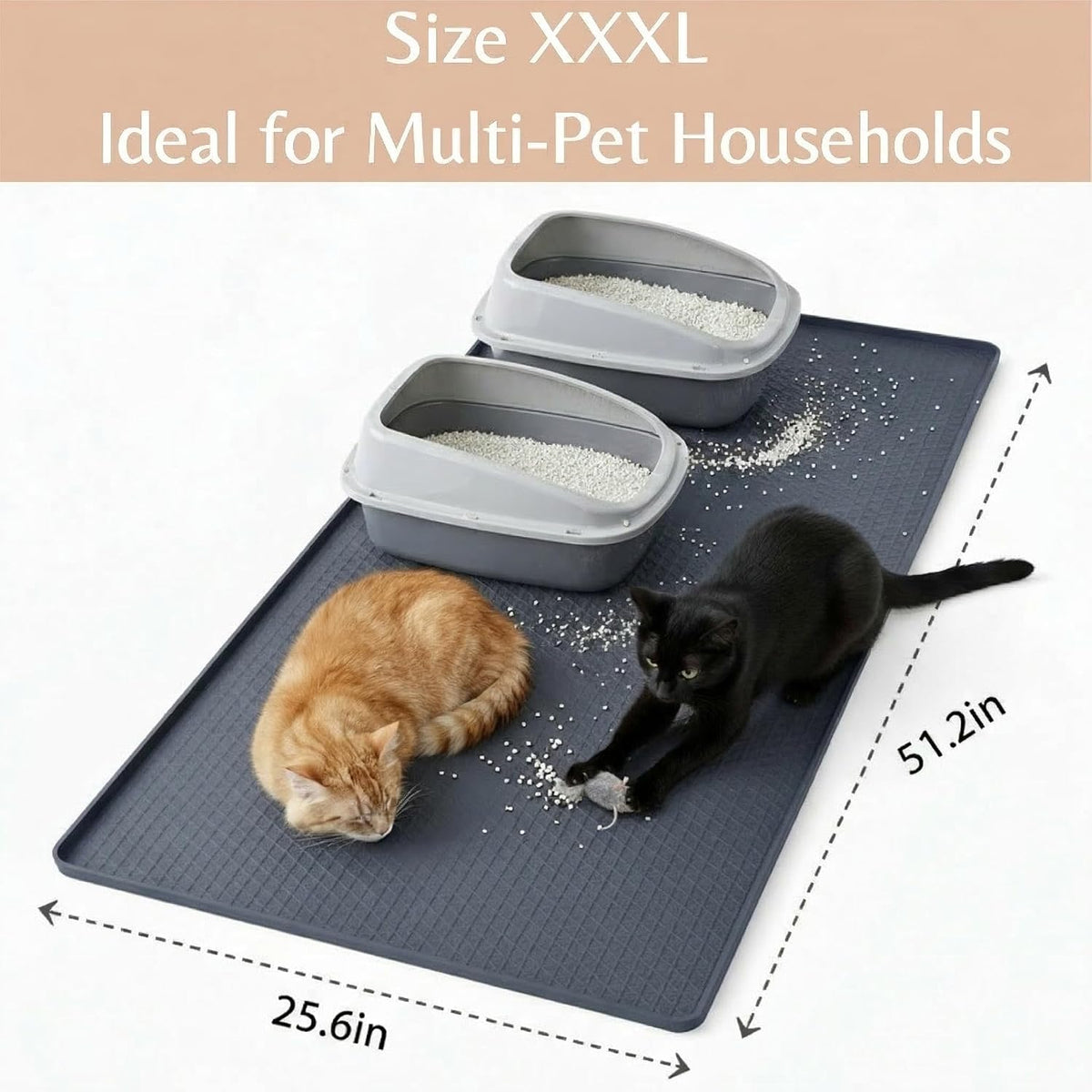 Cat Litter Mat, Extra Large 51"x25.6" Silicone Litter Box Mat, High Edge | Kitty Litter Mat for Auto Litter Box Areas, Waterproof Non-Slip Litter Mat, Easy Clean, Raised Lip Contains Multi-Cat Mess