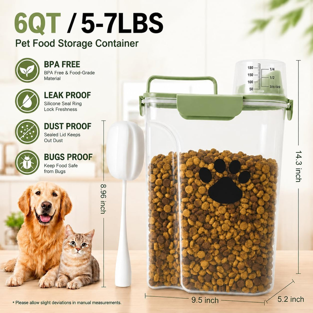 5-7Lbs Dog Cat Food Storage Container with cleaning brush, Measuring Cup,4 Snap Seals, Portable Pet Food Containers with Upgraded Large Nozzle for Dogs,Cats,Birds,Small Animals(Large-Green)