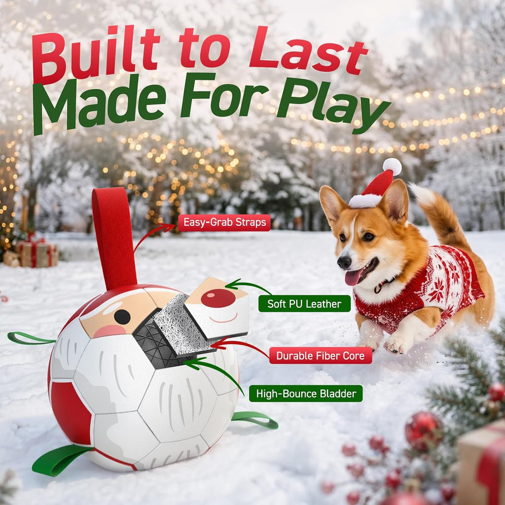 QDAN Christmas Dog Balls with Straps, Soccer Ball for Dogs for Small Medium Breed, Tug Toys for Dog Birthday, 6 Inch Outdoor Dog Toys for Fun