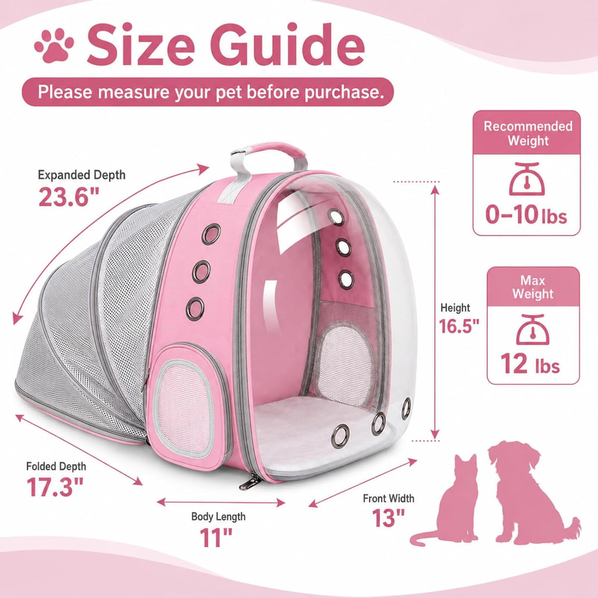 Expandable Cat Carrier Backpack with Bubble Window, Pink