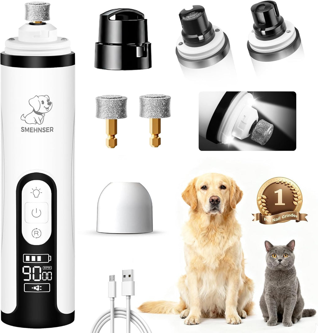 Upgraded Silent Dog Nail Grinder, Cordless Grooming Pro Nail Grinder with 3 Adjustable Speeds & Led Light, Painless Paws Grooming for Small Medium Large Dogs & Cats (2 Replacement Heads)