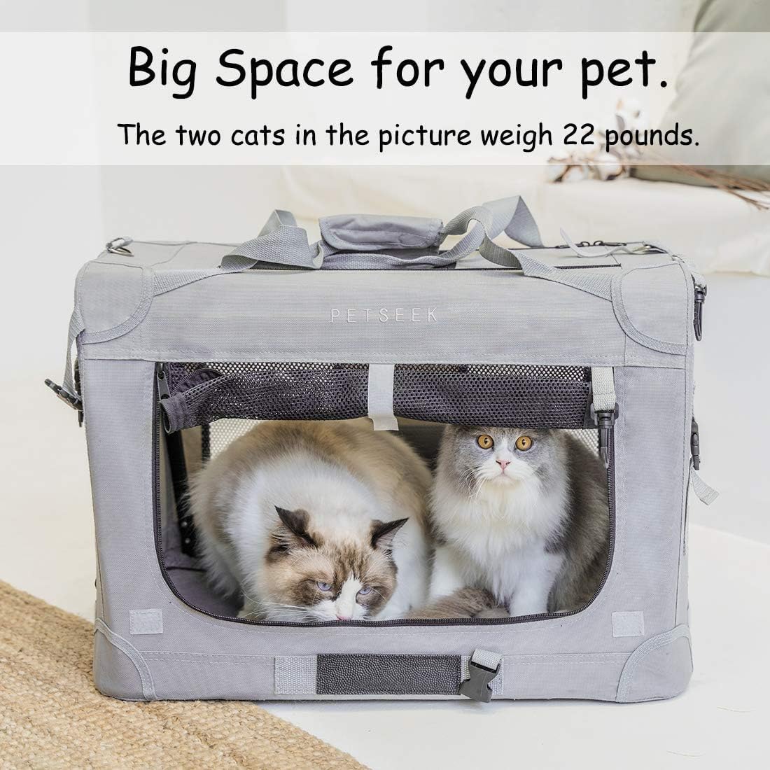 Extra Extra Large Cat Carrier Soft Sided, Portable Small Dog Carrier for 2 Cats, 24"x16.5"x16" Car Travel Folding Comfortable Design with Litter Box and Bowls, Grey+ Litter Box+ Bowl*2