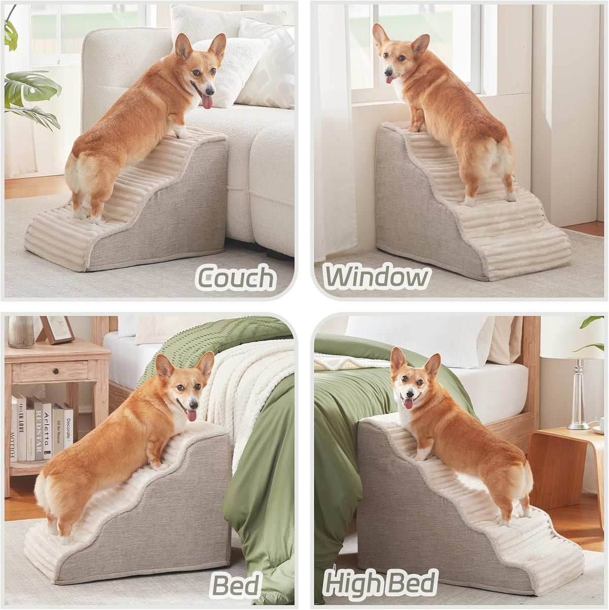 Laojin Balhen Dog Stairs for Small Dogs & Cats 15.7" H, High Density Foam Dog Steps Ramp for Couch Sofa and Chair, Widened 3-Step Pet Stairs with Non-Slip Bottom and Remove Washable Cover, Beige