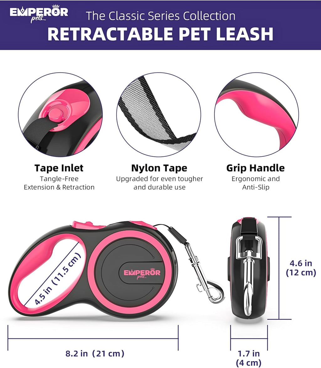 EMPEROR PETS 26.1 ft Retractable Dog Leash, for Dogs 10-110 lbs, Pink