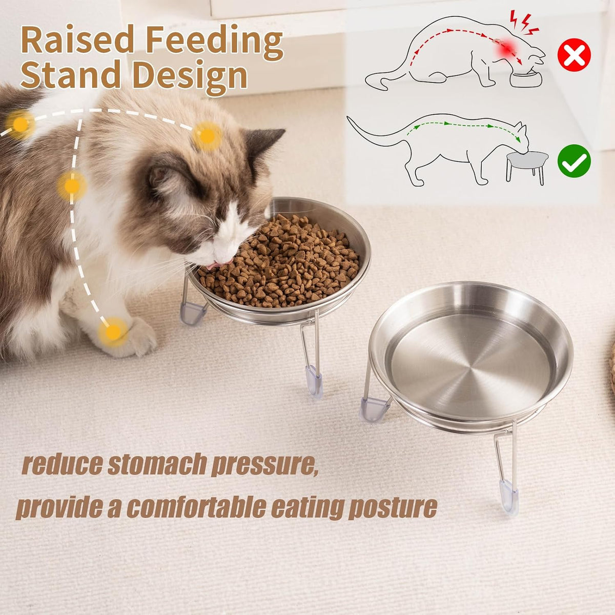 Elevated Cat Bowls,6.7" Extra Wide Raised Stainless Steel Cat Food Bowls with Anti-Slip Metal Stand Whisker Friendly Water Dishes for Indoor Cats and Small Dogs-1pack
