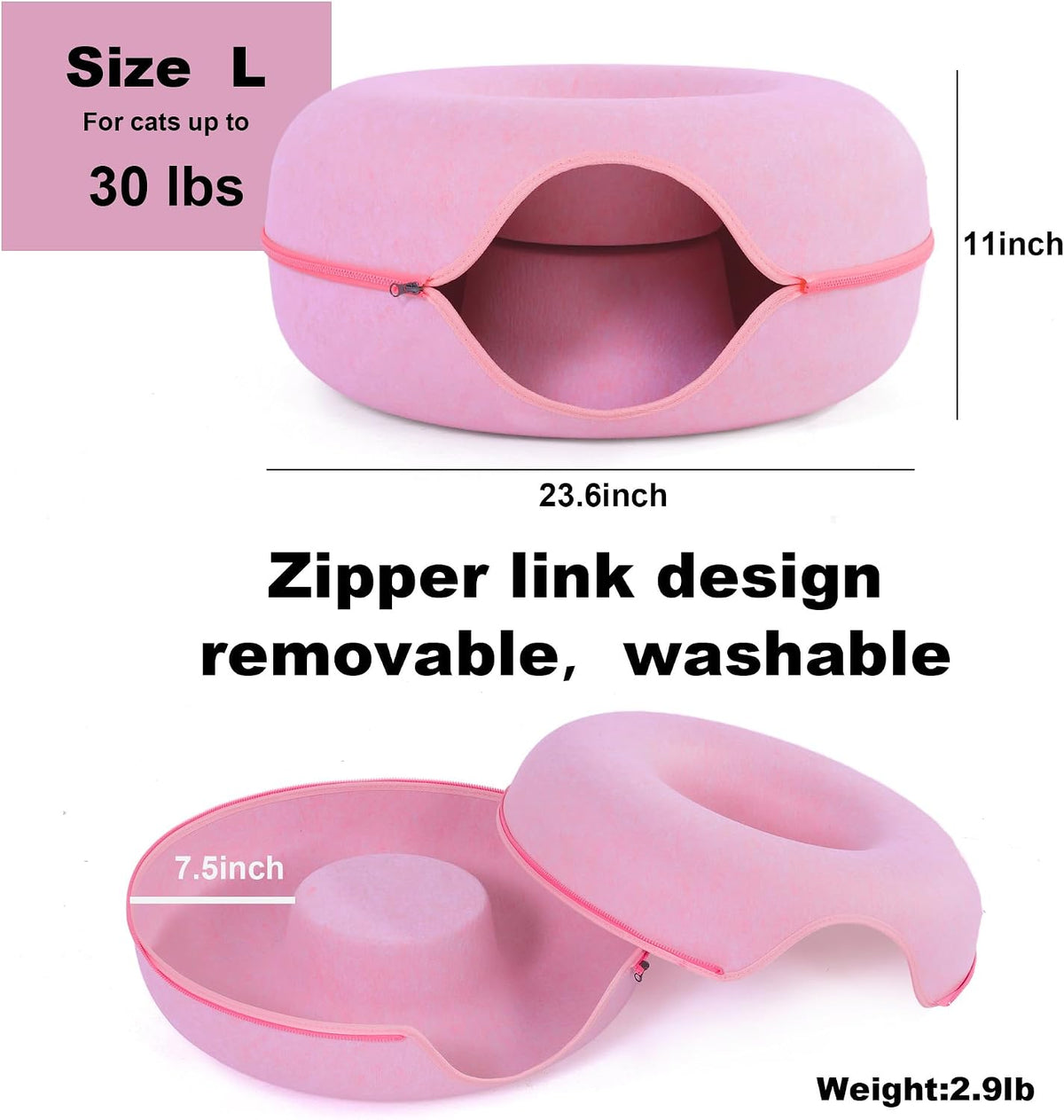 Large Cat Tunnel Bed for Indoor Cats with 3 Toys, Scratch Resistant Donut Cat Bed, Up to 30 Lbs (L 24x24x11, Pink)