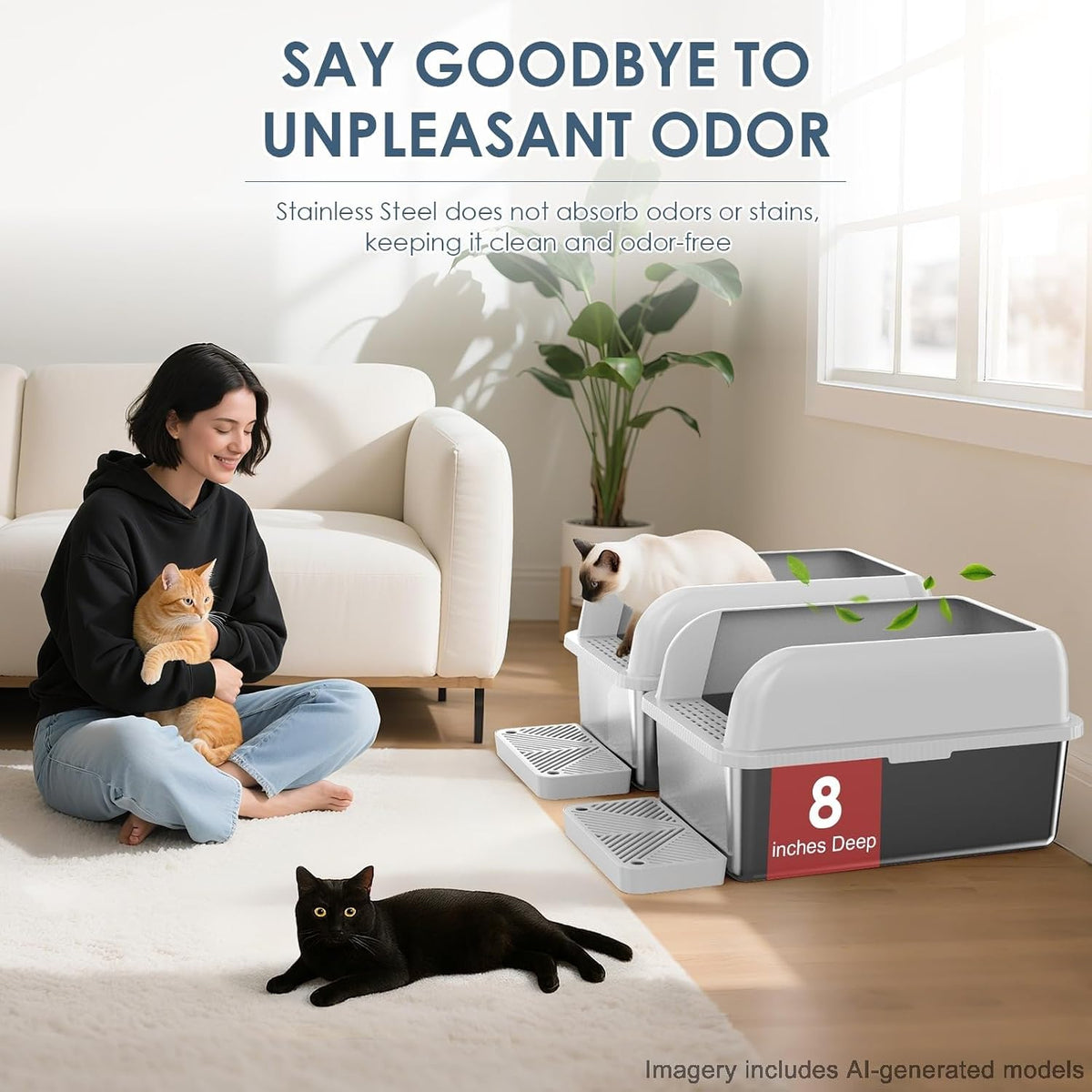 Suzzipaws 2 Pack 8" Deep Enclosed Stainless Steel Litter Box for Multi-Cats | Extra Large Litter Box with High-Sides, Non-Sticky, Easy-Clean, Less Litter Tracking for Big Cats & Multi-Cat Homes