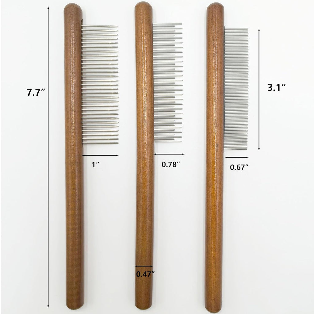 3-Pack Wood Pet Grooming Comb, Stainless Steel Flea Comb