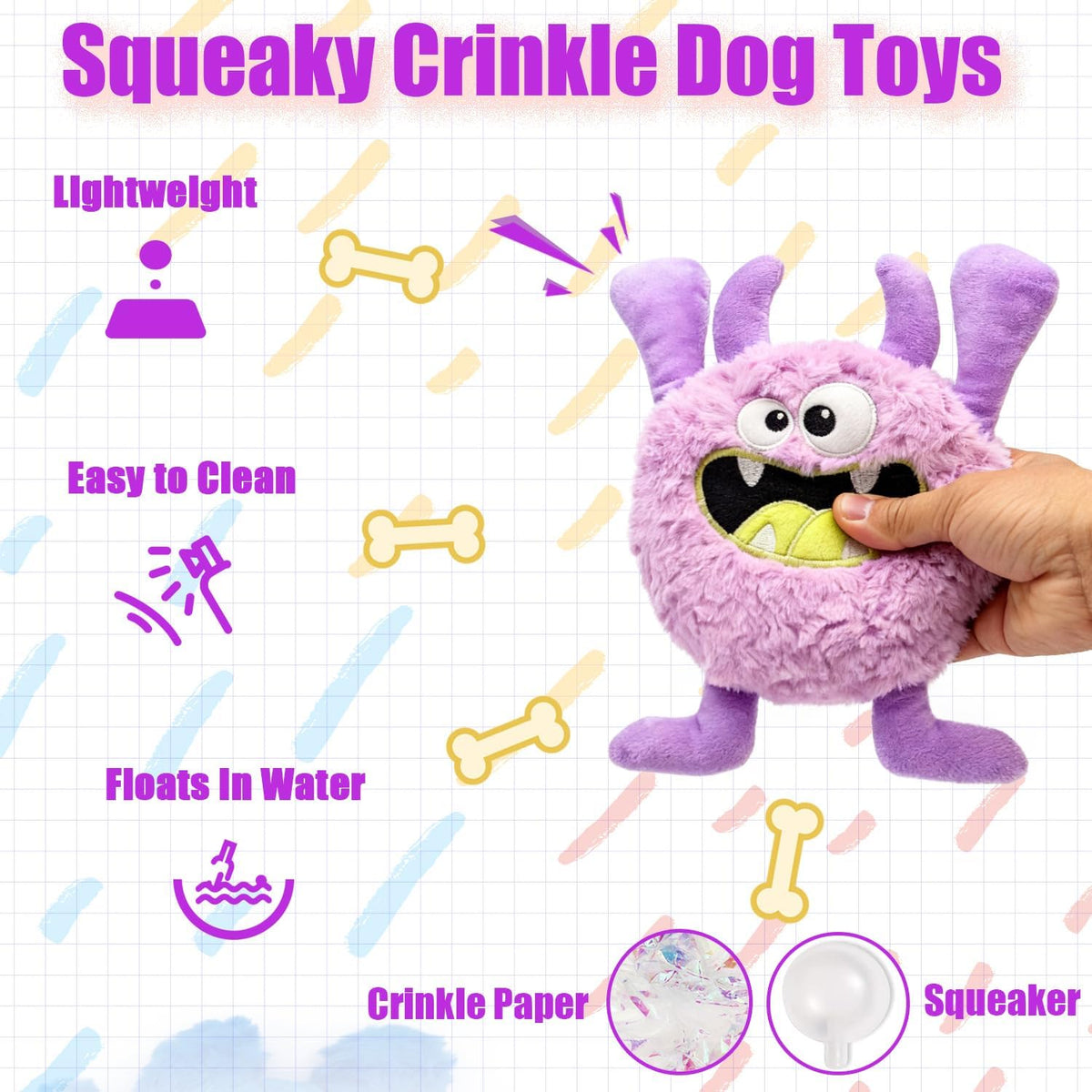 Monster Stuffed Squeaky Dog Toy, Crinkle Dog Plush Toy, Purple | Soft Lightweight Toy for Fetch and Chew, Interactive Outdoor Indoor Play for Tug, Birthday Gift, For Puppy Small Medium Dog