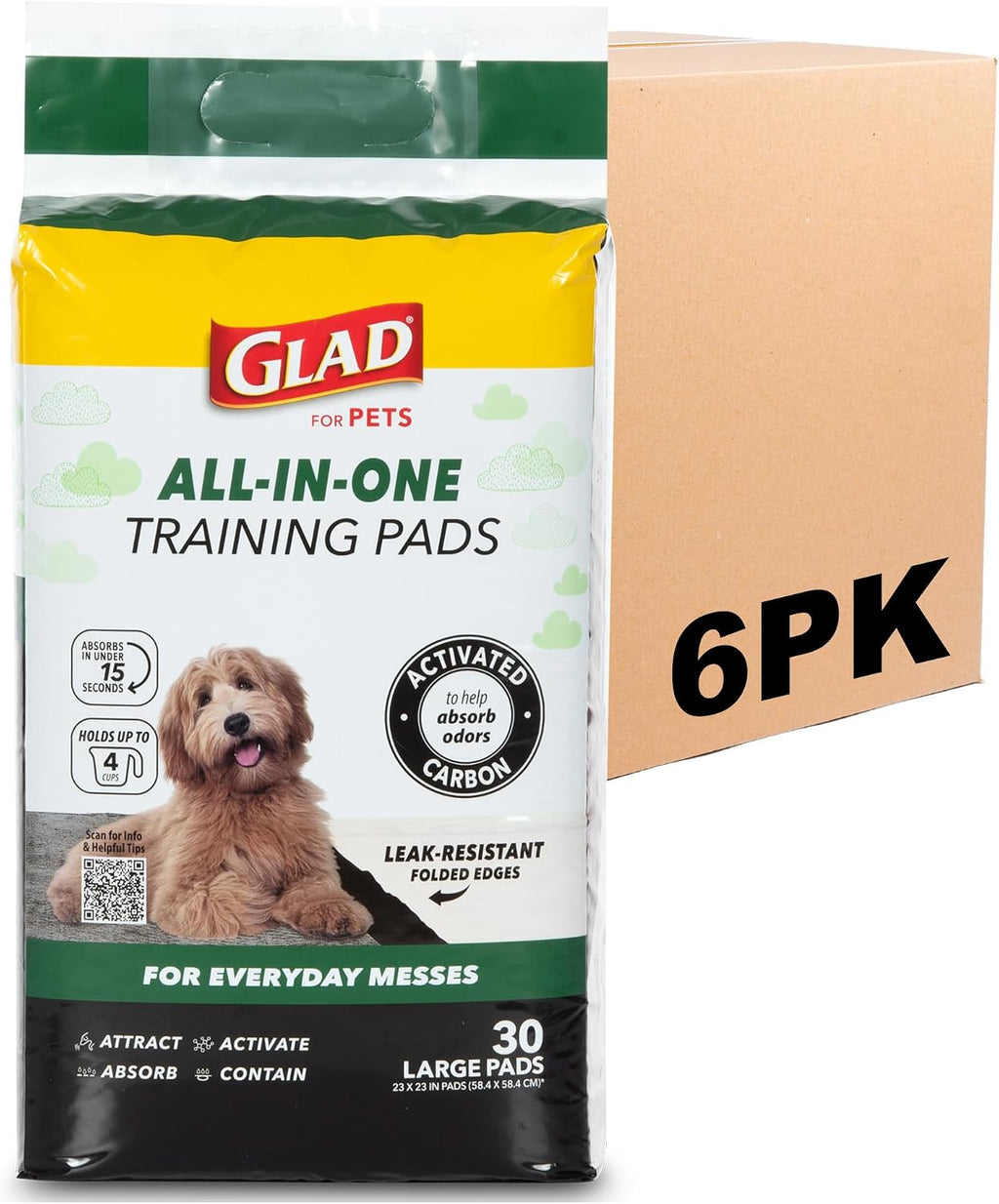 Glad for Pets Activated Carbon Disposable Dog Training Pads, 30 Count, 6-Pk | Activated carbon core, ultra-absorbent, puppies senior dogs and post-surgery recovery, floor and crate protection, 23 x 23 in