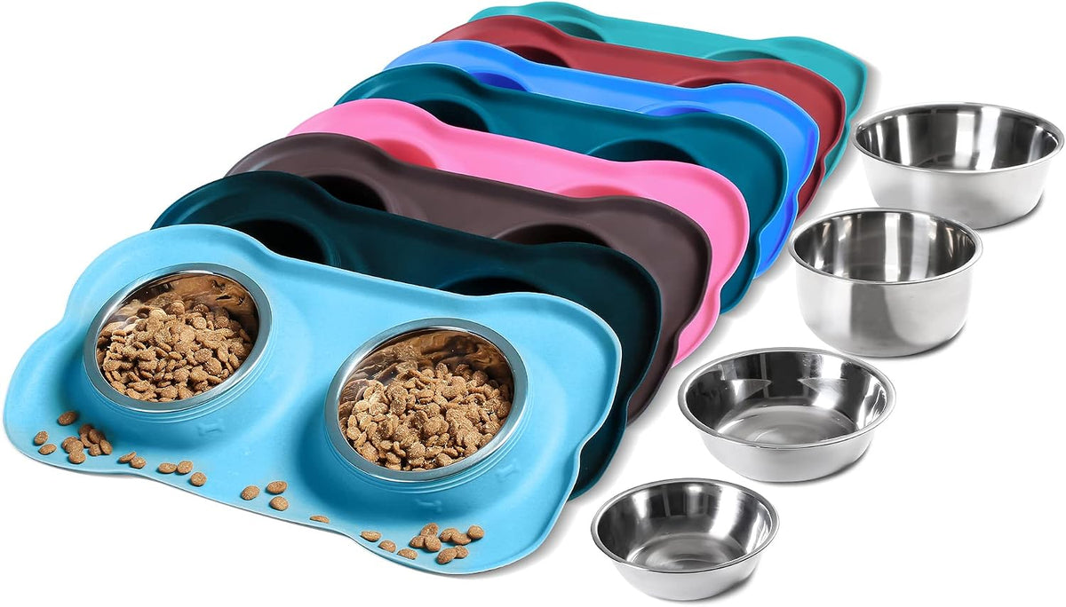 Hubulk Pet Dog Bowls 2 Stainless Steel Dog Bowl with No Spill Non-Skid Silicone Mat + Pet Food Scoop Water and Food Feeder Bowls for Feeding Small Medium Large Dogs Cats Puppies (Large, Turquoise) 