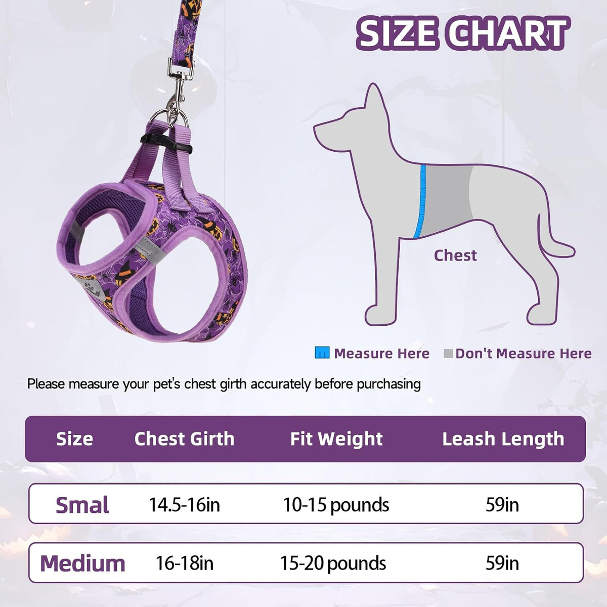 PAWCHIE Halloween Dog Harness and Leash Set,Step in No Pull Soft Pet Harness,Reflective Adjustable Puppy Vest for Small Dogs Cat,No Choke Harness Vest with Poop Bag Holder for Walking,Running,Purple S