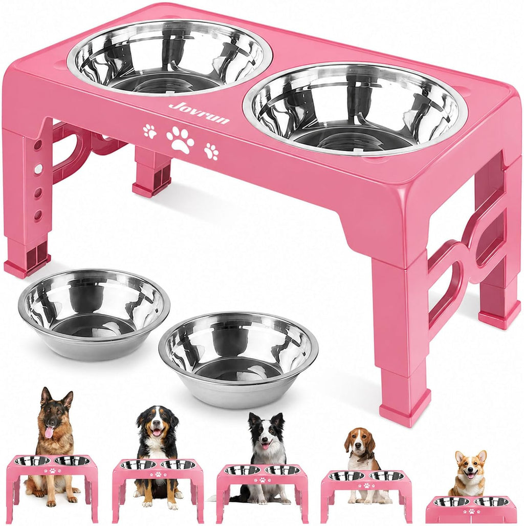 Jovrun Elevated Dog Bowls for Medium Large Size Dogs, Non-Slip Dog Feeder with 2 Stainless Steel Dishes, 5 Heights Adjustable Raised Bowls to 3.15″-8.66″-9.84″-11.02″-12.2″
