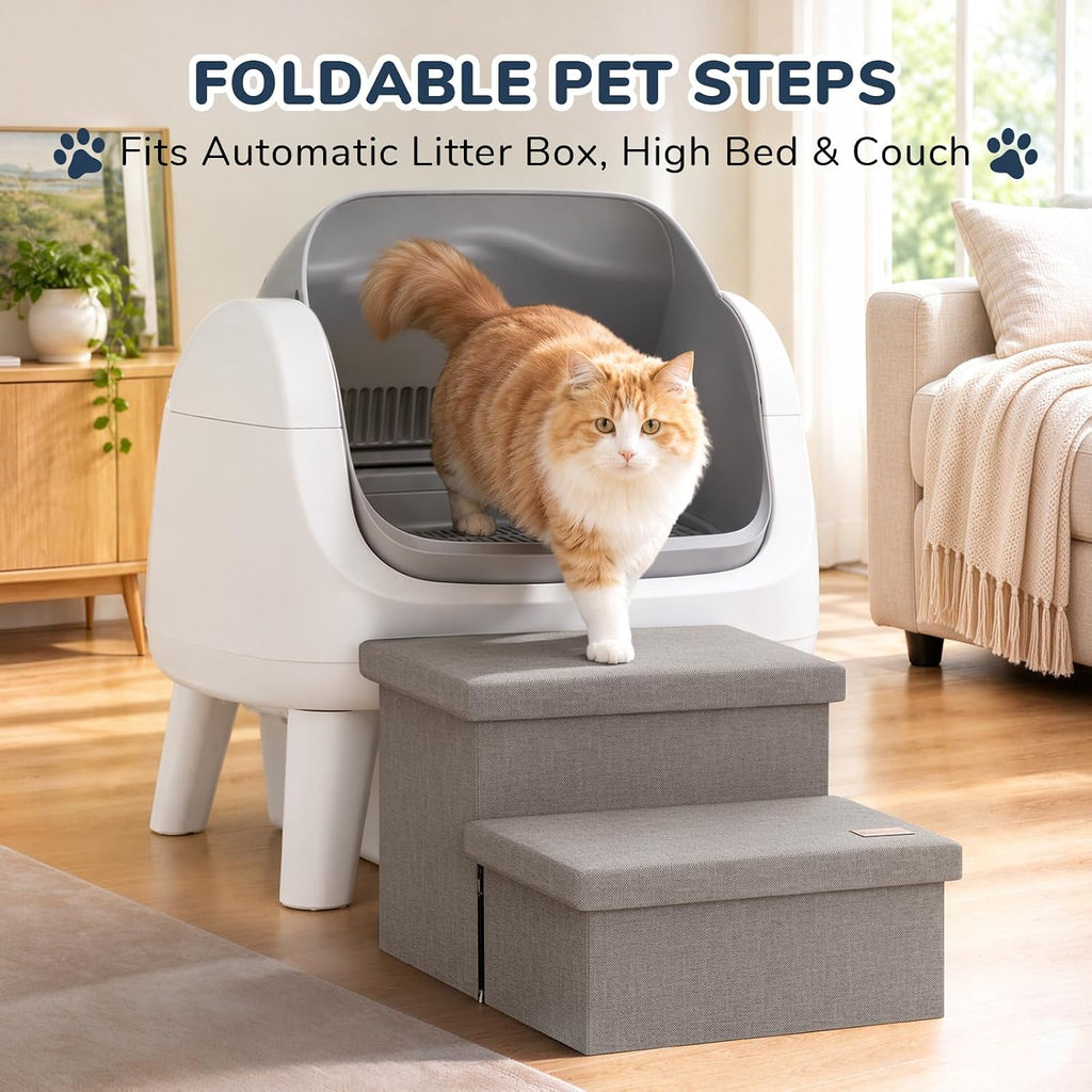 2-Step Wide Dog Stairs with Storage 11" H, Non-Slip Sturdy Pet Steps for Couch Chair, Dog Steps for Small/Medium Old Dogs, Cats, Rabbits Up to 150lbs, Foldable Cat Puppy Stairs for Car, Grey