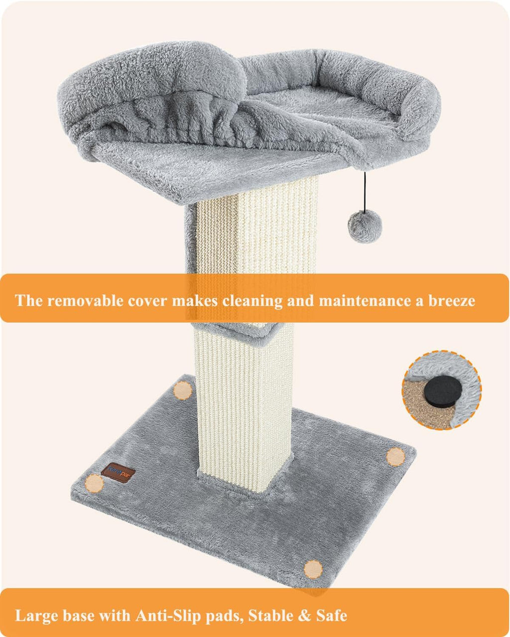 Karolpar 32" Cat Scratching Post for Indoor Cats, Sisal Cat Scratcher with Plush Perch, Large Scratch Post with Bed, Removable Cover, Sisal Fabric,Light Grey