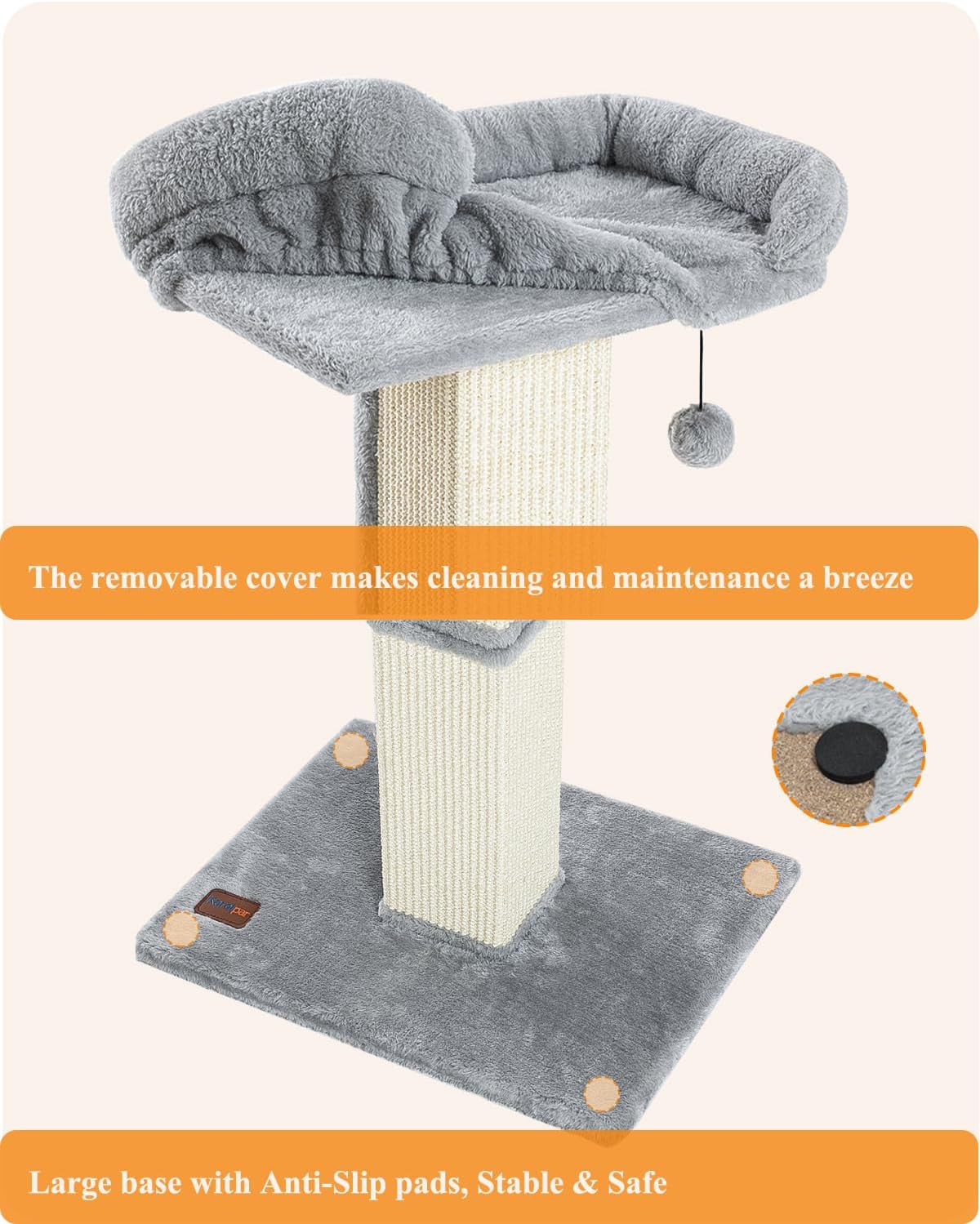 Karolpar 32" Cat Scratching Post for Indoor Cats, Sisal Cat Scratcher with Plush Perch, Large Scratch Post with Bed, Removable Cover, Sisal Fabric,Light Grey