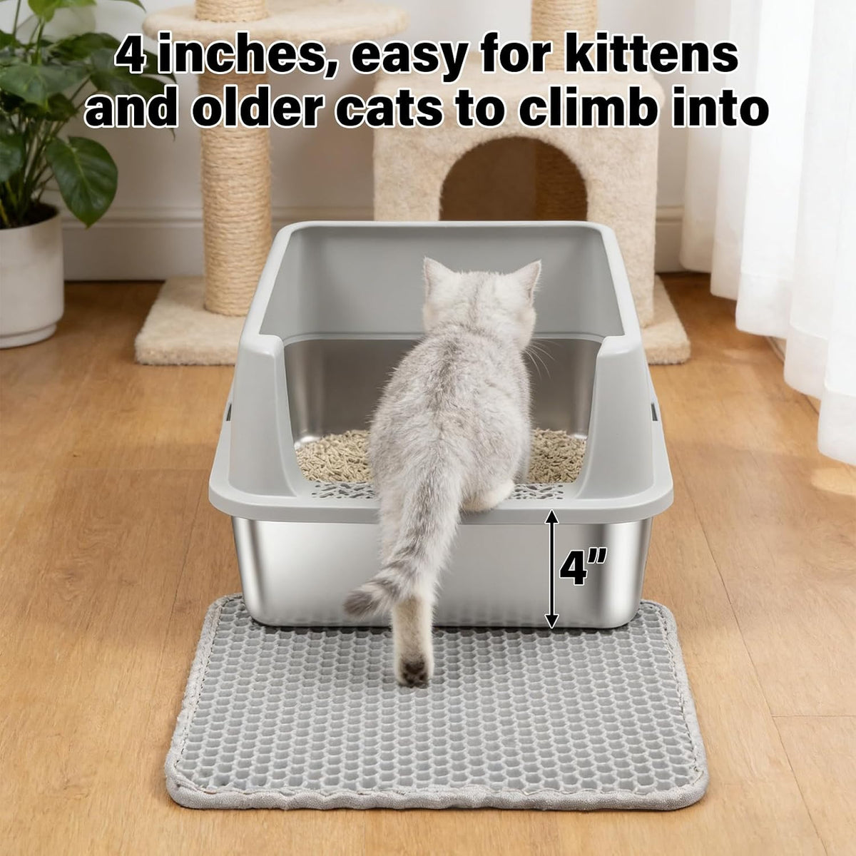 Stainless Steel Litter Box with Lid,Cat Litter Box for Kitten | Metal Kitty Litter Box for Small Cats,Non-Stick,Anti-Leakage,Easy to Clean,Include Scoop and Mat
