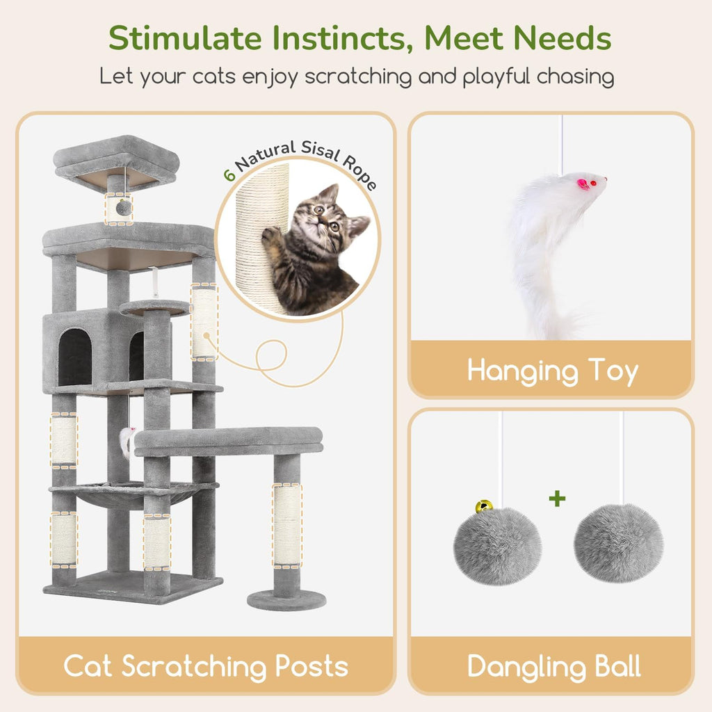 Globlazer 65in Sturdy Cat Tree Tower for Indoor Large Cat, S65, Light Grey