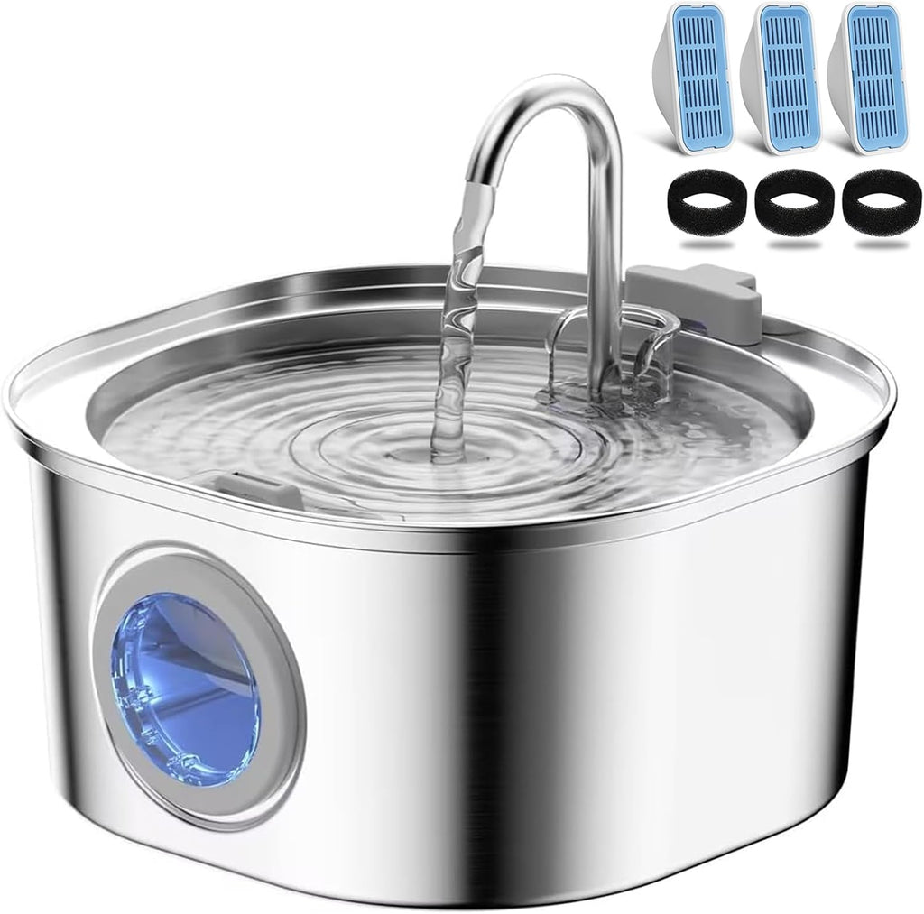 PEKTACO Stainless Steel Cat Water Fountain, 3.2L/108oz with 3 Filters