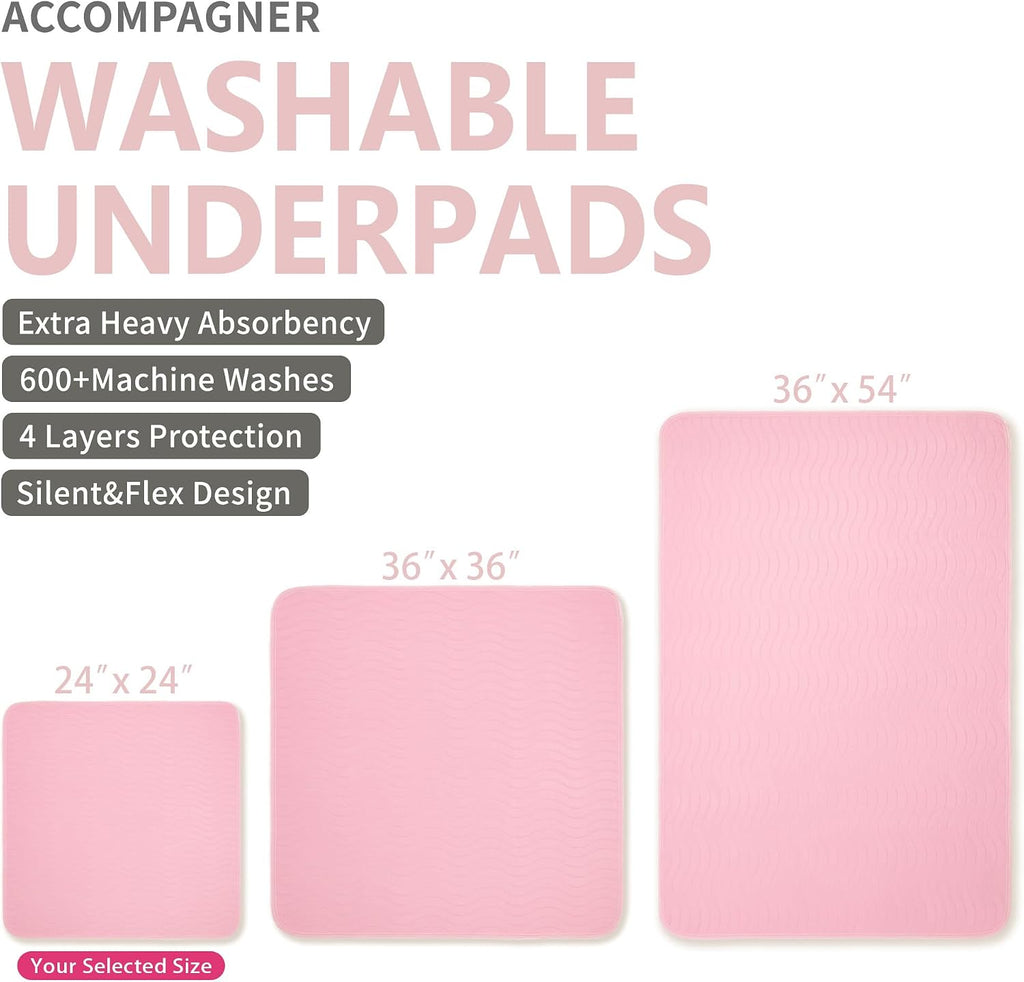 Accompagner Incontinence Bed Pads Washable Waterproof Underpads 24"x24" 6pc | 4-Layer Heavy Absorbency Reusable Chair Pads for Adults, Elderly, Dogs, Diaper Changing, Seat, Wheelchair & Sofa (Pink)