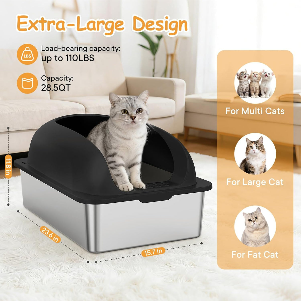 Stainless Steel Cat Litter Box, Large Metal Litter Boxes High Sides